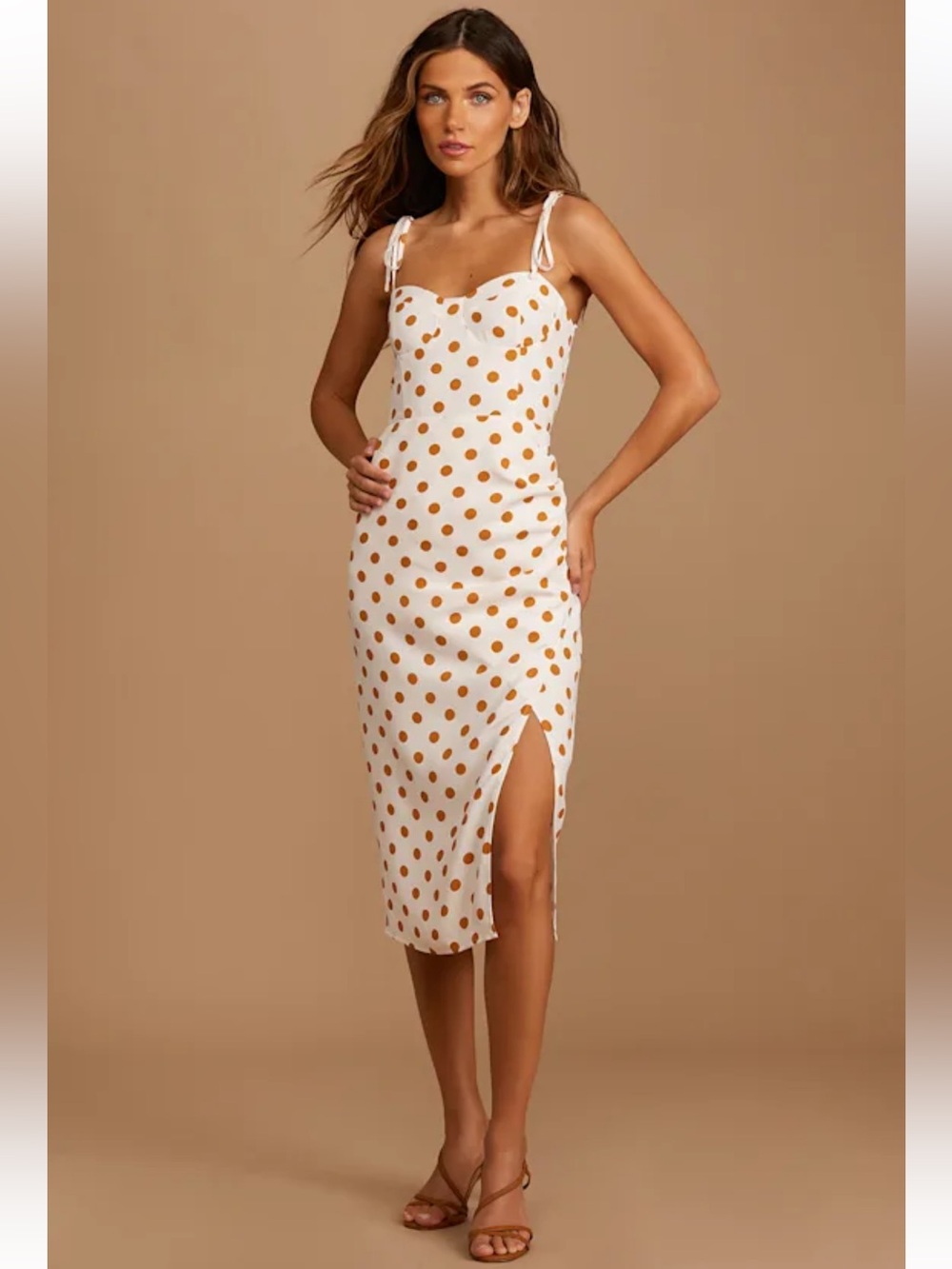 NWT: Lulu's White Midi Dress with Tan Polka Dots and Tie Shoulders
